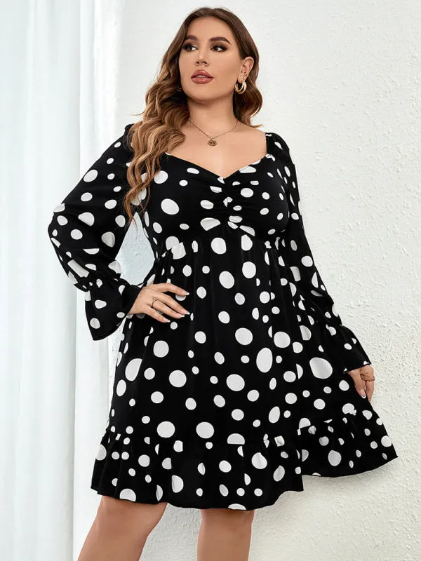 Women's Plus Size Sweetheart Neck Dot Print Ruched Puff Sleeve A Line Dress