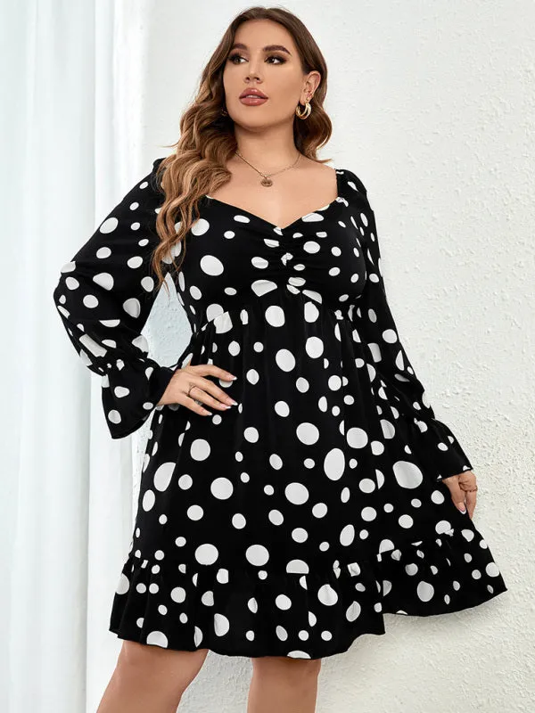 Women's Plus Size Sweetheart Neck Dot Print Ruched Puff Sleeve A Line Dress