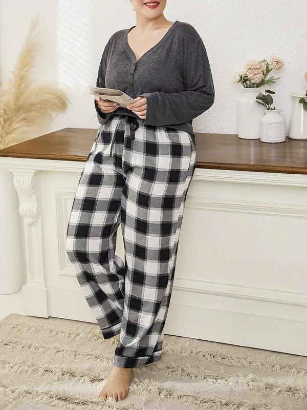 Women's Plus Size V-Neck Long Sleeved T-Shirt And Plaid Trousers Loungewear Set