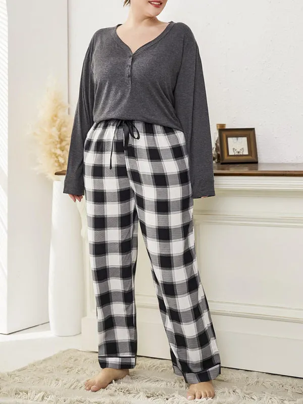 Women's Plus Size V-Neck Long Sleeved T-Shirt And Plaid Trousers Loungewear Set