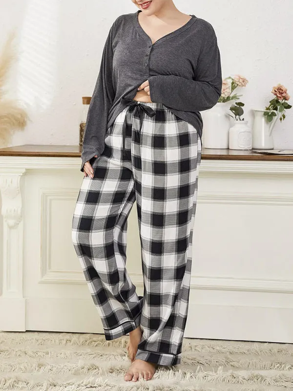 Women's Plus Size V-Neck Long Sleeved T-Shirt And Plaid Trousers Loungewear Set