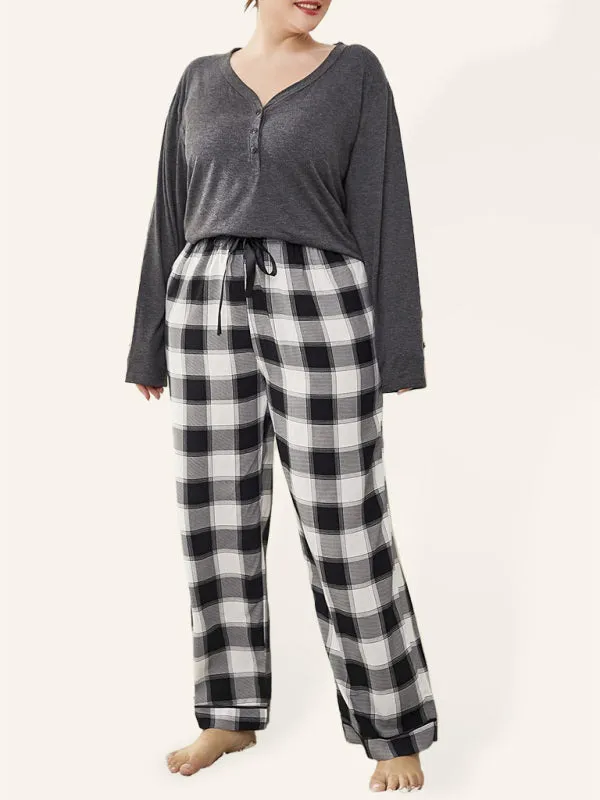 Women's Plus Size V-Neck Long Sleeved T-Shirt And Plaid Trousers Loungewear Set